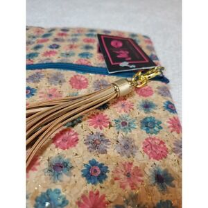 Makeup junkie bag large 13x9.5 Floral Cork Gold Tassel - Handmade In Texas NWT
